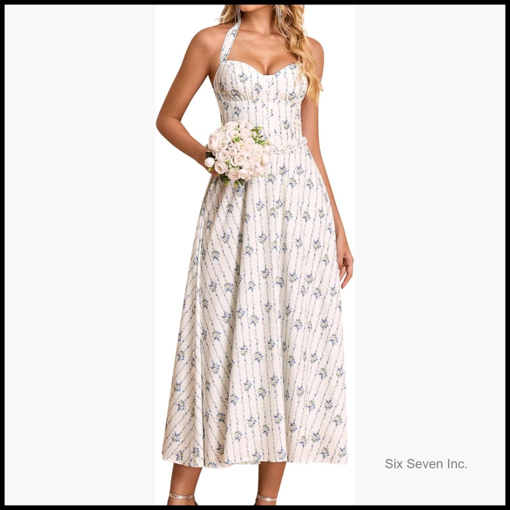 Summer Floral Halter Corset Midi Dress Flowy A Line Tea Party